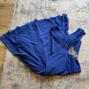 JJ’s House Royal Blue Chiffon Formal Maxi Dress Beaded Gem Ruffle Gown Small
